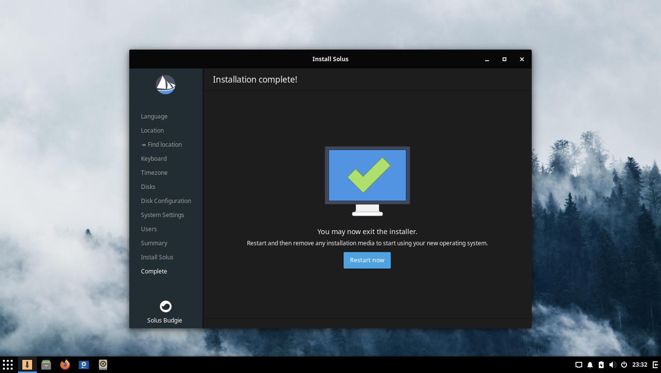 「Solus 4.1 BUDGIE」-「インストール」「再起動」