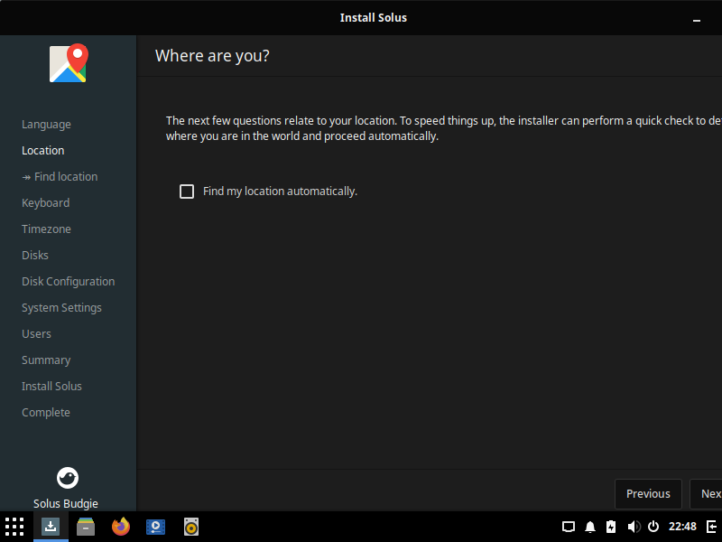 「Solus 4.2 BUDGIE」-「インストール」「Find my location automatically」