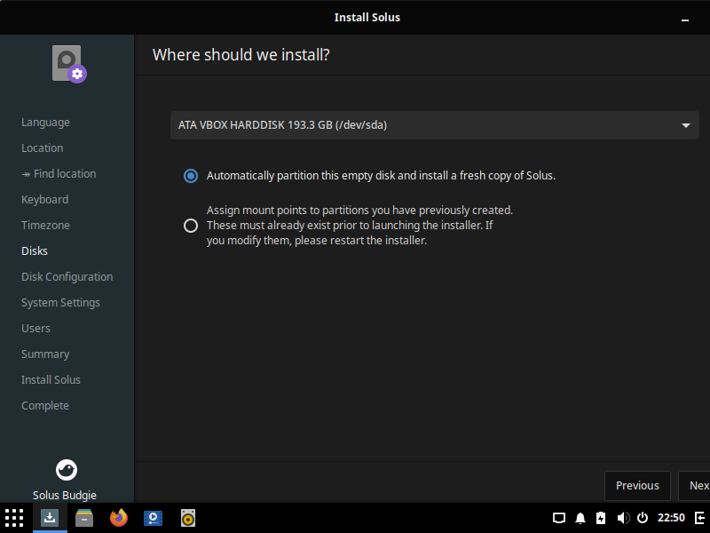 「Solus 4.2 BUDGIE」-「インストール」「インストール先」
