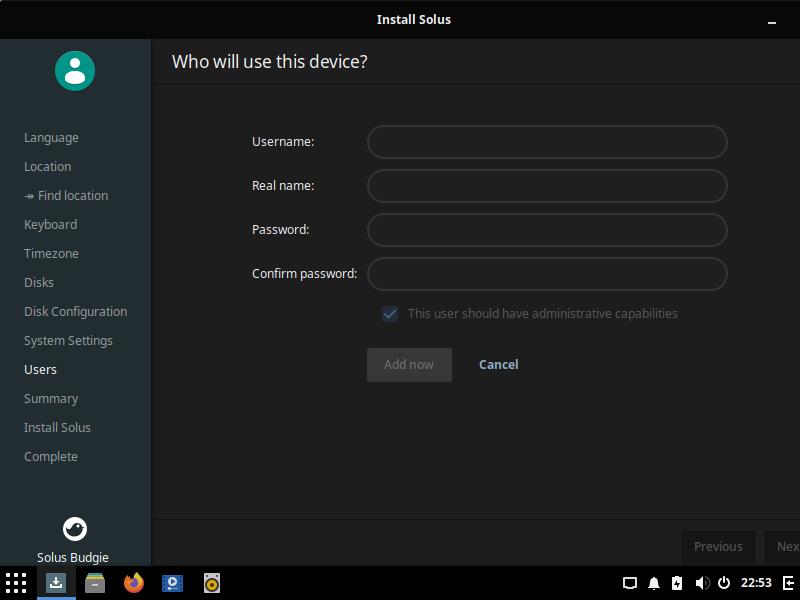 「Solus 4.2 BUDGIE」-「インストール」「アカウント」