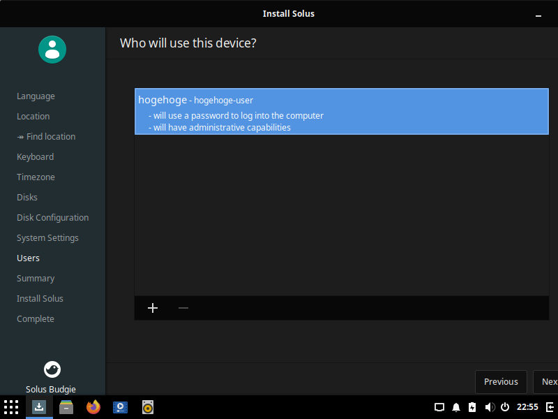 「Solus 4.2 BUDGIE」-「インストール」「アカウント」「入力完了」