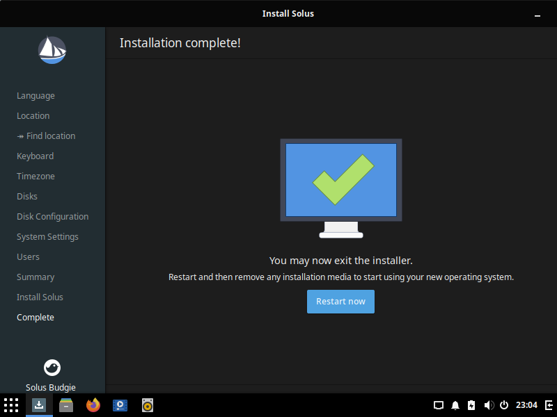 「Solus 4.2 BUDGIE」-「インストール」「再起動」