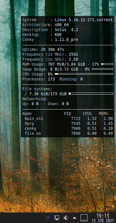 クリックでオリジナルのサイズで開きます 「Solus 4.2 KDE」-「Conky」「表示」