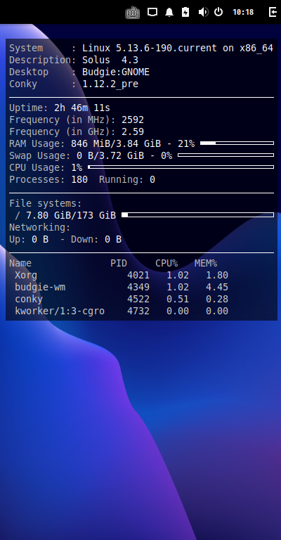 クリックでオリジナルのサイズで開きます 「Solus 4.3 BUDGIE」-「Conky」「表示」