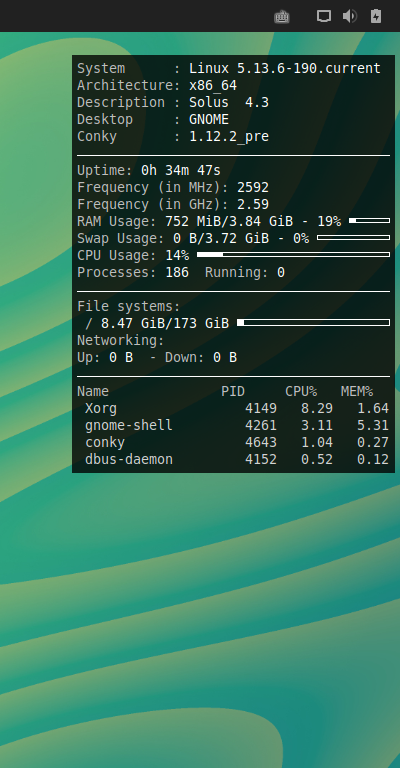 クリックでオリジナルのサイズで開きます 「Solus 4.3 GNOME」-「Conky」「表示」
