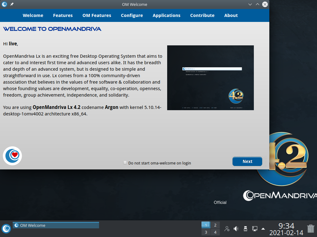 「OpenMandriva 4.2」-「インストール」「OM Welcome」