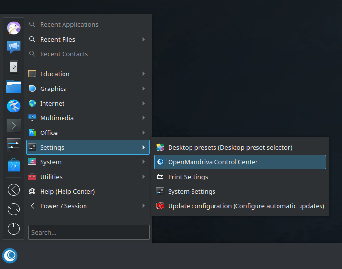 「OpenMandriva 4.1」-「スタート」→「Settings」→「OpenMandriva Control Centor」