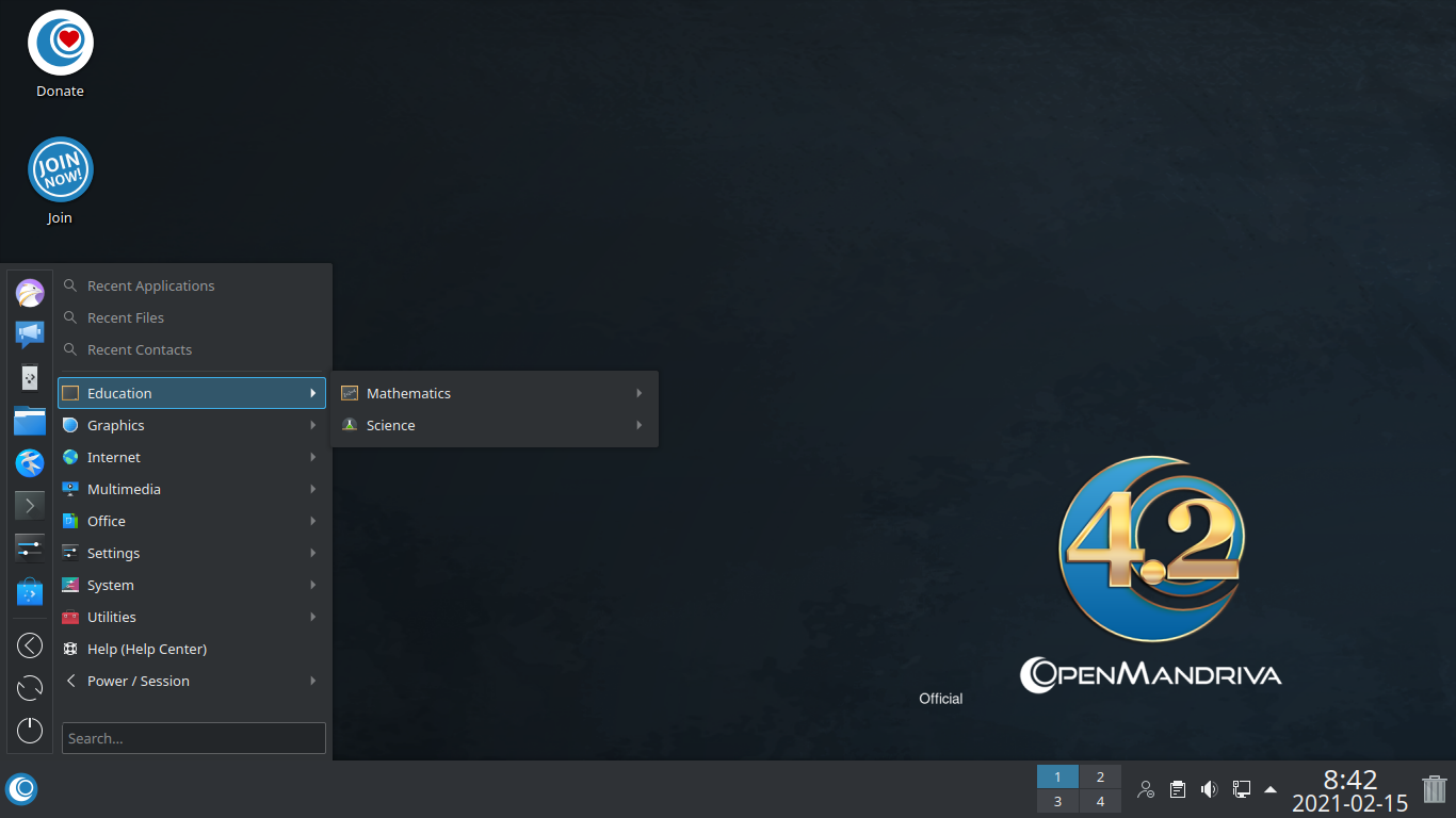 「OpenMandriva 4.2 KDE」-「デフォルトのデスクトップ・メニュー」