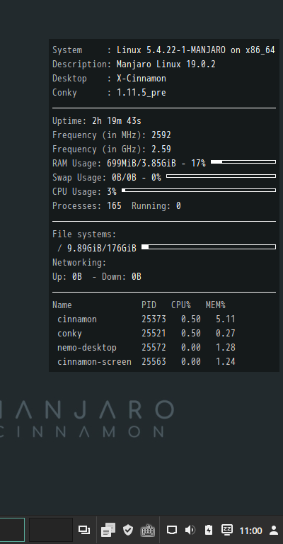 「Manjaro 19.0 Cinnamon」-「Conky」「表示」