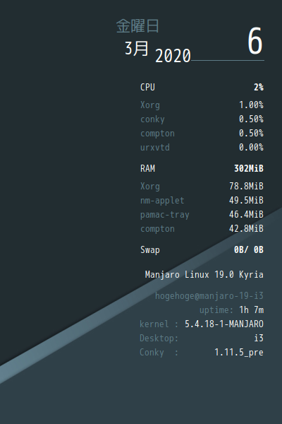 クリックでオリジナルのサイズで開きます 「Manjaro 19.0 i3wm」-「Conky」「編集後の表示」「右上タスクマネージャ」