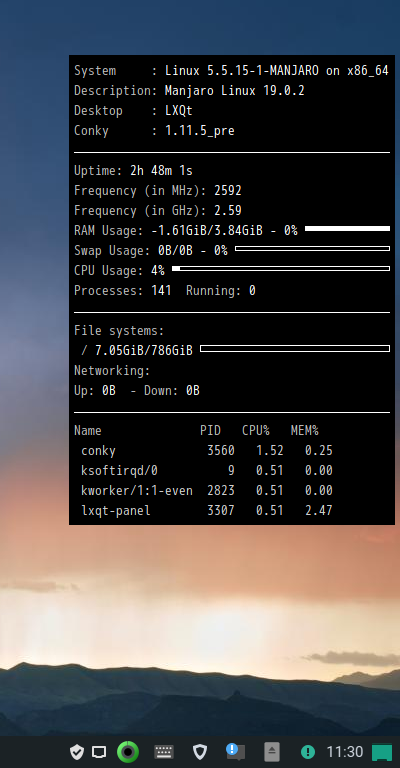 クリックでオリジナルのサイズで開きます 「Manjaro 19.0 LXQt」-「Conky」「表示」