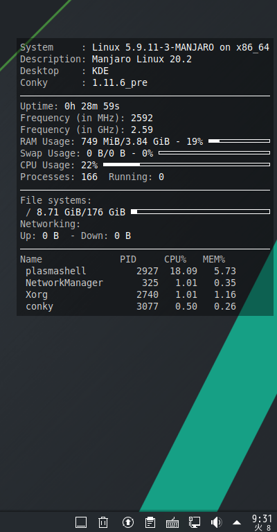 クリックでオリジナルのサイズで開きます 「Manjaro 20.2 KDE」-「Conky」「表示」