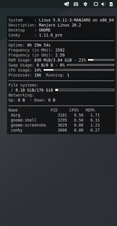クリックでオリジナルのサイズで開きます 「Manjaro 20.2 GNOME」-「Conky」「表示」