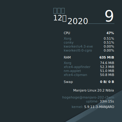 クリックでオリジナルのサイズで開きます 「Manjaro 20.2 i3wm」-「Conky」「デフォルトの表示」「右上タスクマネージャ」