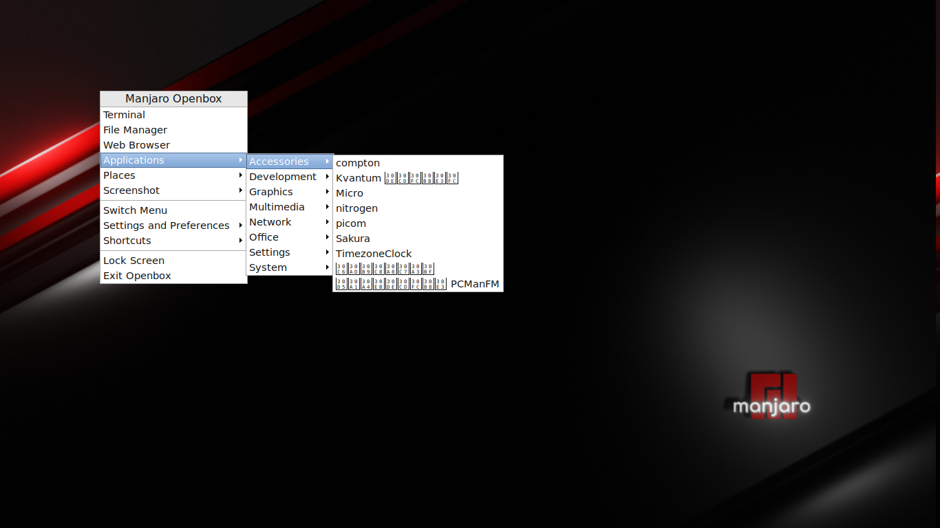 クリックでオリジナルのサイズで開きます 「Manjaro 20.2 Openbox」-「デフォルトのデスクトップ・メニュー」