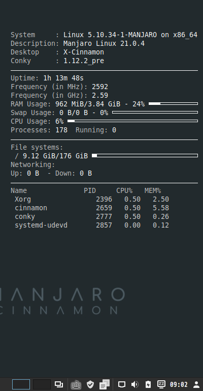 クリックでオリジナルのサイズで開きます 「Manjaro 21.0 Cinnamon」-「Conky」「表示」