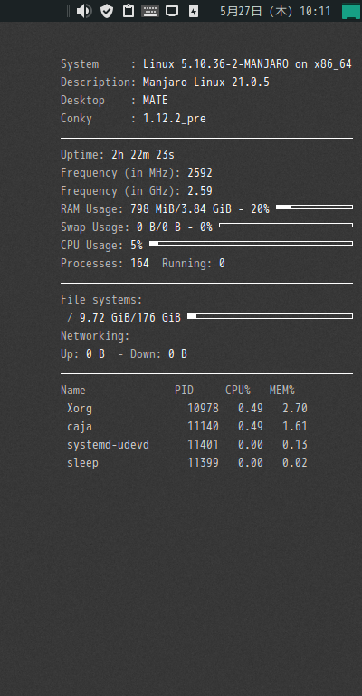 クリックでオリジナルのサイズで開きます 「Manjaro 21.0 MATE」-「Conky」「表示」