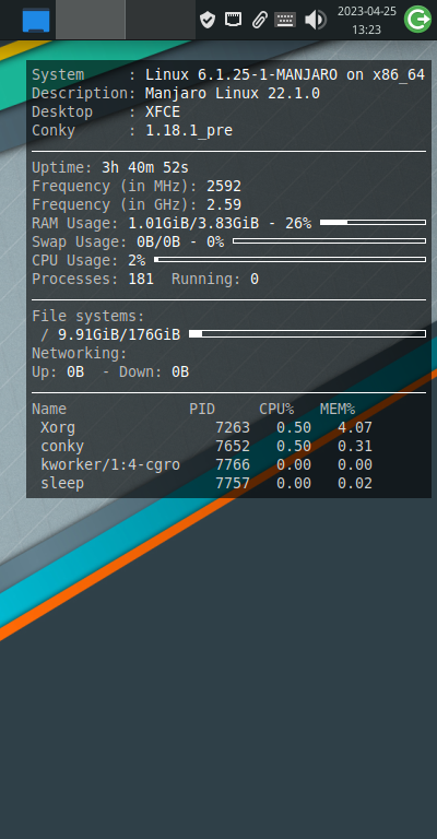 「Manjaro 22.1 XFCE」-「Conky」「表示」