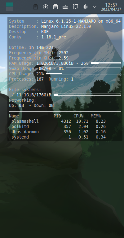 クリックでオリジナルのサイズで開きます 「Manjaro 22.1 KDE」-「Conky」「表示」