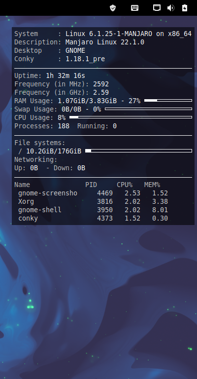 「Manjaro 22.1 GNOME」-「Conky」「表示」