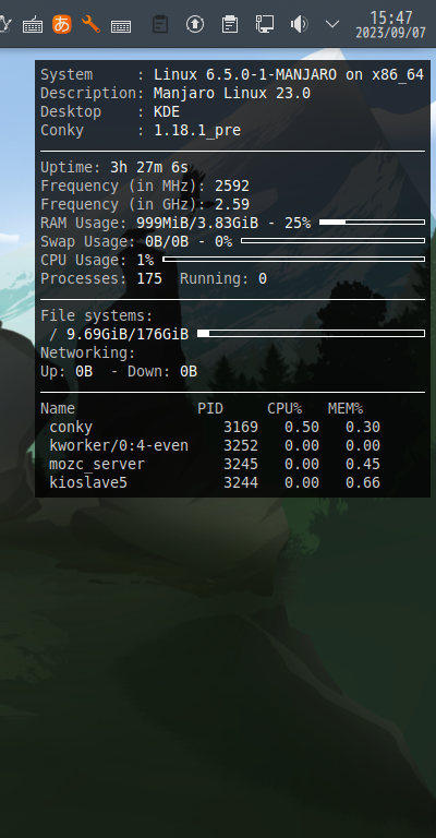 クリックでオリジナルのサイズで開きます 「Manjaro 23.0 KDE」-「Conky」「表示」