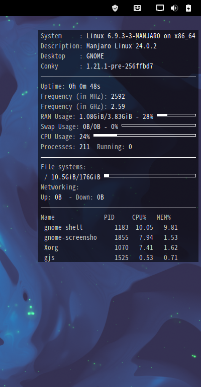クリックでオリジナルのサイズで開きます 「Manjaro 24.0 GNOME」-「Conky」「表示」
