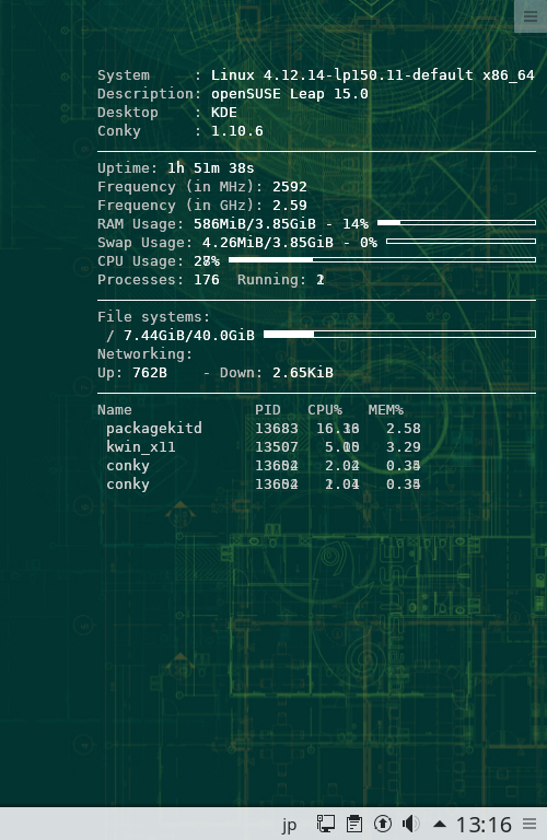 クリックでオリジナルのサイズで開きます 「openSUSE 15.0」-「Conky」「表示」