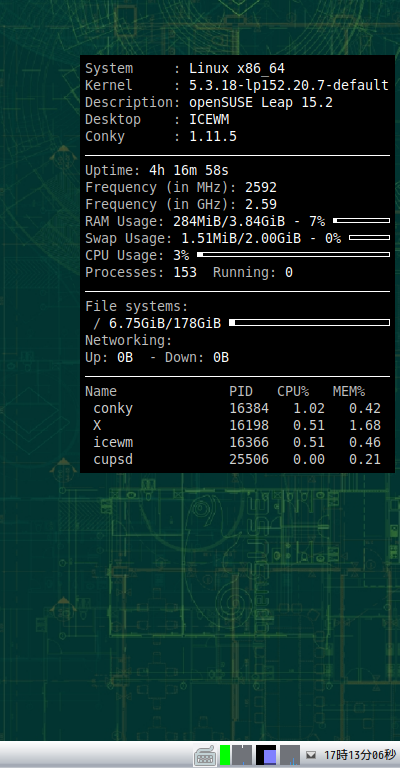 クリックでオリジナルのサイズで開きます 「openSUSE 15.2 IceWM」-「Conky」「表示」