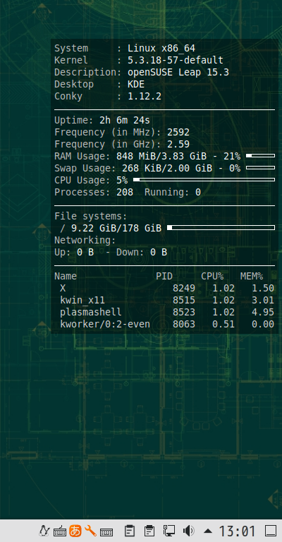 クリックでオリジナルのサイズで開きます 「openSUSE 15.3 KDE」-「Conky」「表示」