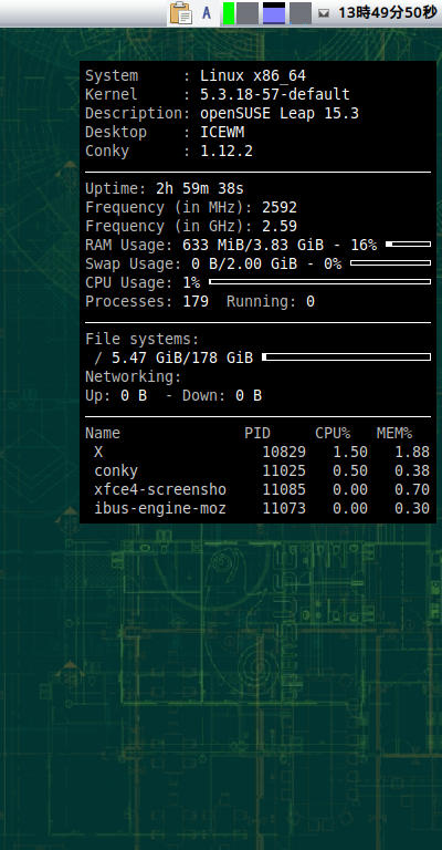 クリックでオリジナルのサイズで開きます 「openSUSE 15.3 IceWM」-「Conky」「表示」