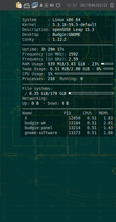 クリックでオリジナルのサイズで開きます 「openSUSE 15.3 BUDGIE」-「Conky」「表示」