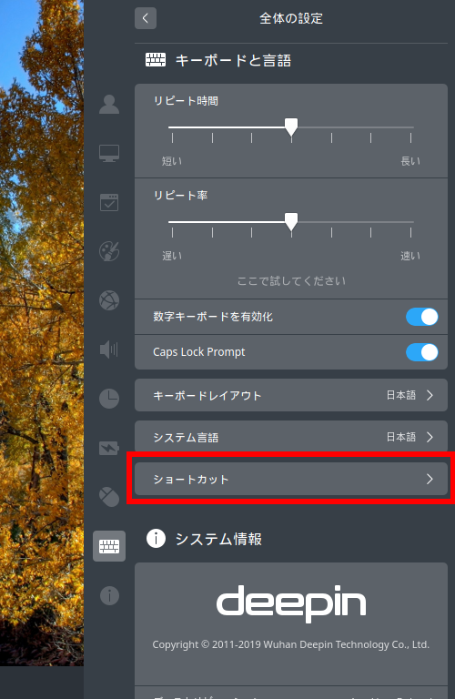 「ArcoLinux 19.06.1 deepin」-「設定」「キーボードと言語」