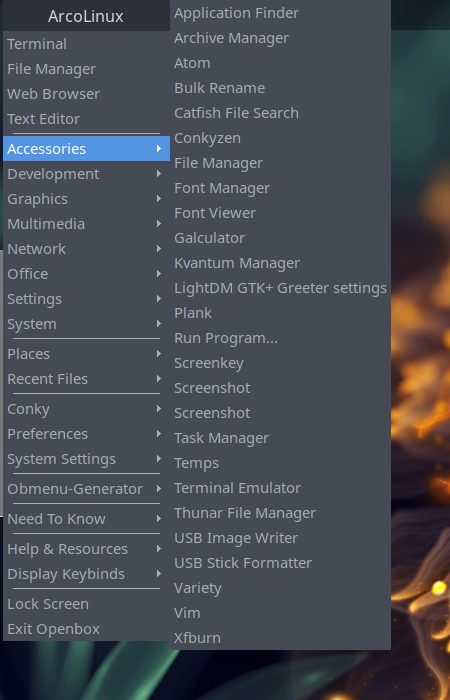 「ArcoLinux 19.06.1 Openbox」-「デフォルトのメニュー」