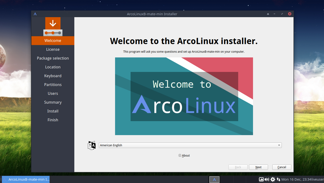 「ArcoLinux 19.12.15」-「インストール」「言語」「American English」