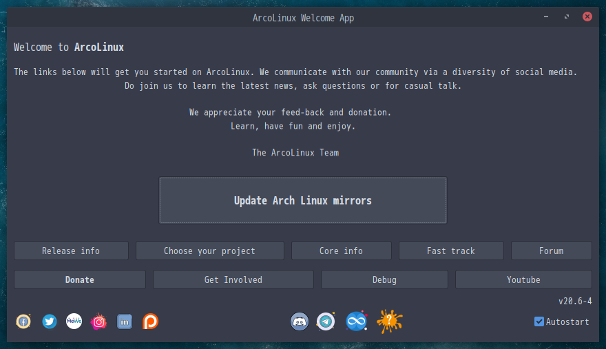 「ArcoLinux 20.07.5 MATE」-「Welcome App」