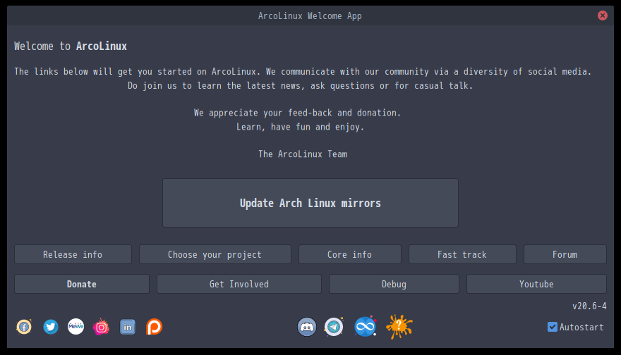 「ArcoLinux 20.07.5 GNOME」-「Welcome App」