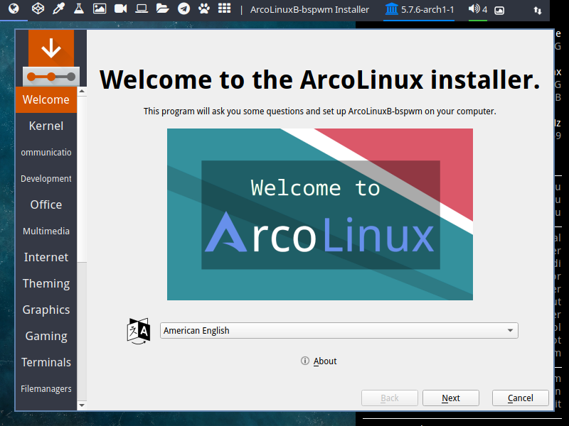 「ArcoLinux 20.07.5 bspwm」-「インストール」