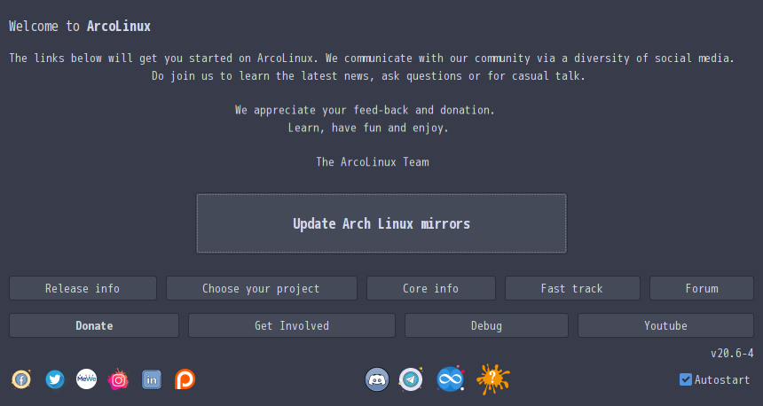 「ArcoLinux 20.07.5 xmonad」-「Welcome App」