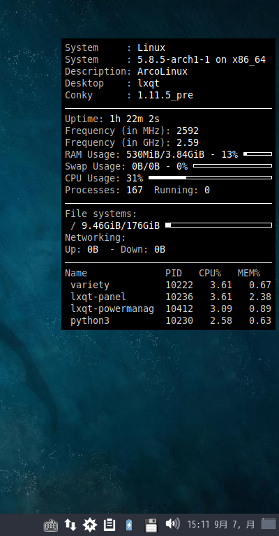 「ArcoLinux 20.07.5 LXQt」-「Conky」「表示」
