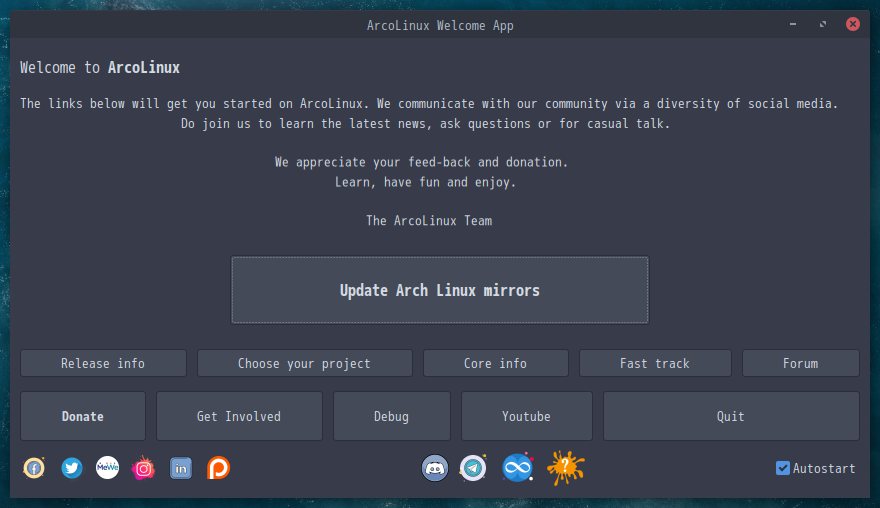 「ArcoLinux 20.11.9 MATE」-「Welcome App」