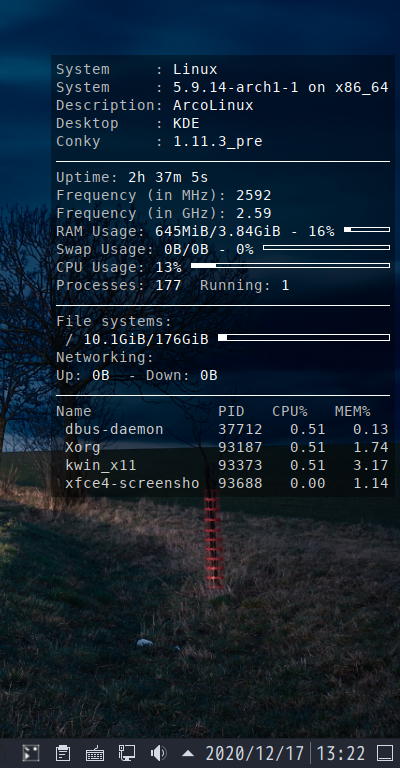 「ArcoLinux 20.11.9 KDE」-「Conky」「編集後の表示」
