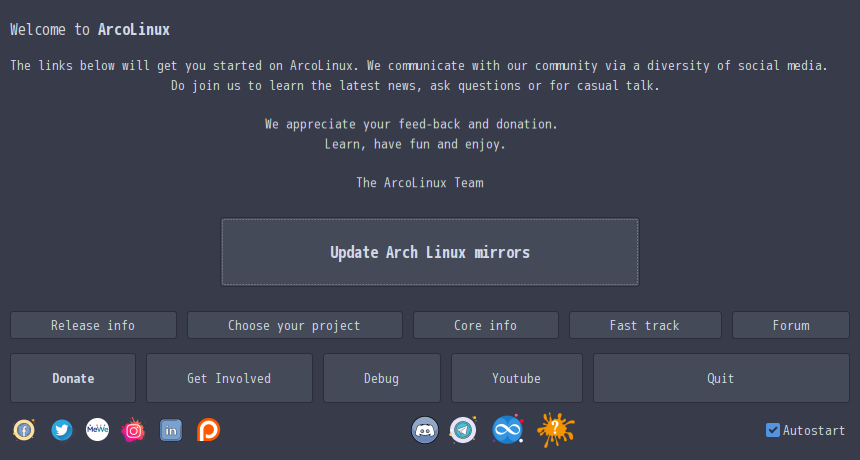 「ArcoLinux 20.11.9 xmonad」-「Welcome App」
