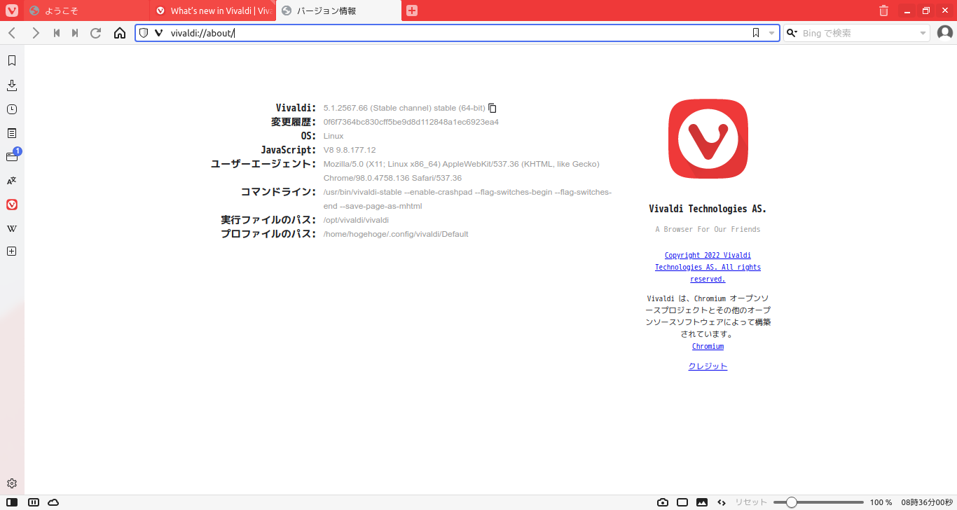 「ArcoLinux 22.03.07 Cinnamon」-「Vivaldi」「バージョン情報」