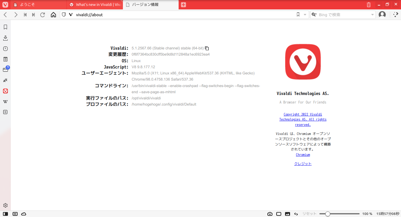「ArcoLinux 22.03.07 KDE」-「Vivaldi」「バージョン情報」