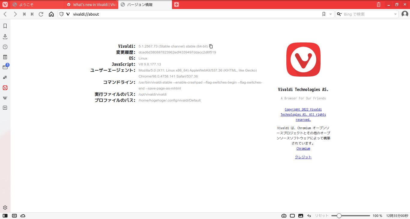 「ArcoLinux 22.03.07 BUDGIE」-「Vivaldi」「バージョン情報」