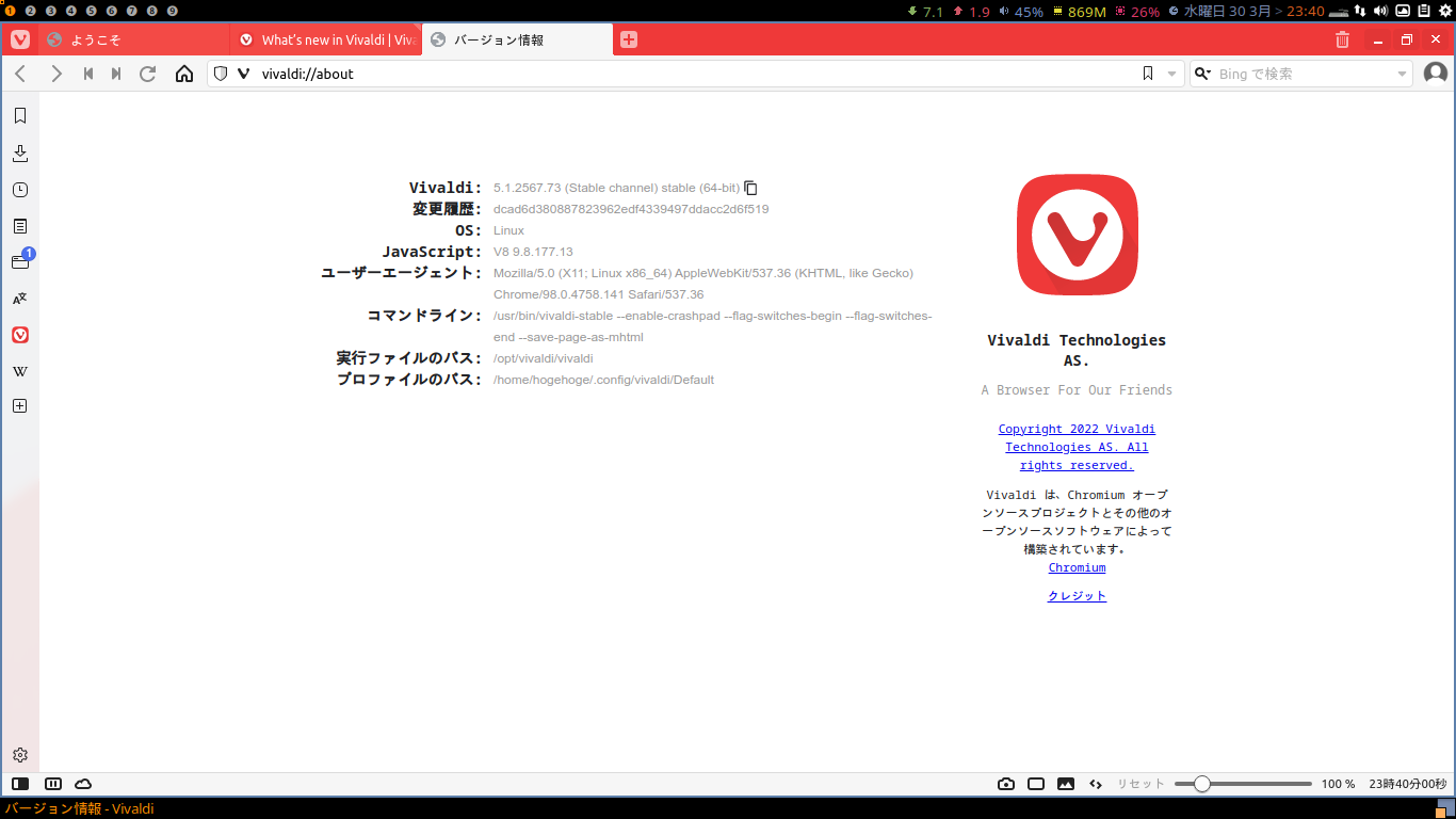 「ArcoLinux 22.03.07 awesome」-「Vivaldi」「バージョン情報」