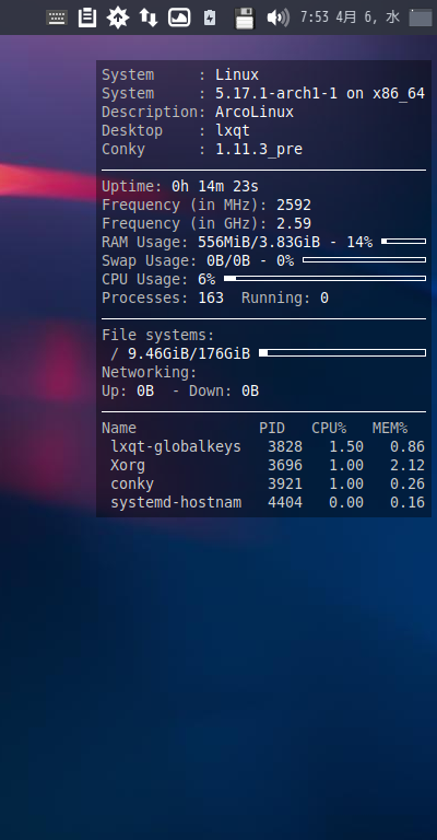「ArcoLinux 22.03.07 LXQt」-「Conky」「編集後の表示」