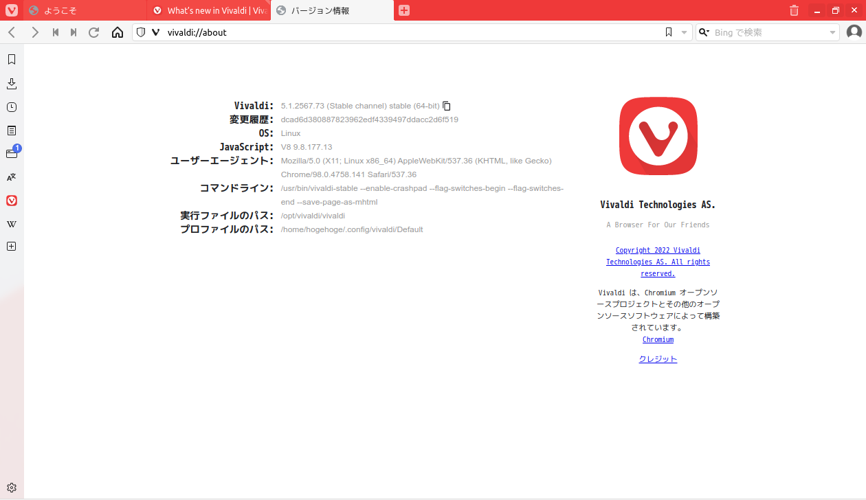 「ArcoLinux 22.03.07 qtile」-「Vivaldi」「バージョン情報」