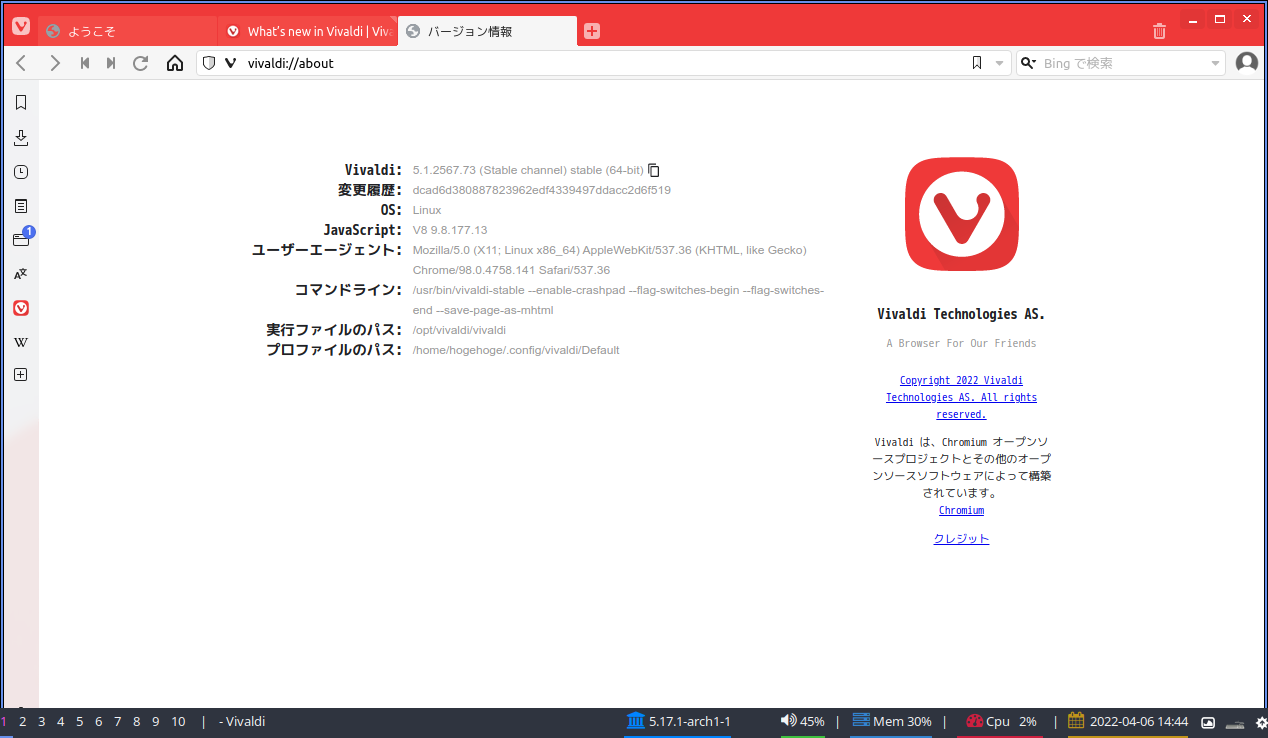 「ArcoLinux 22.03.07 herbstluftwm」-「Vivaldi」「バージョン情報」