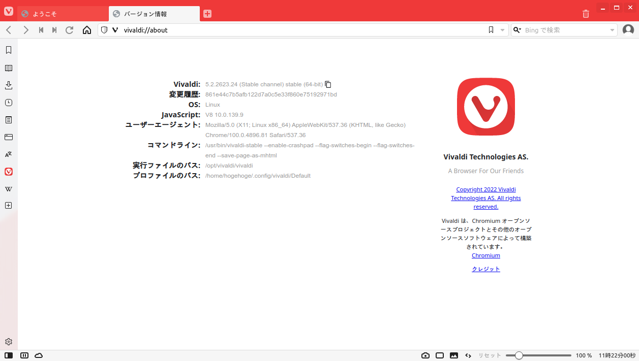 「ArcoLinux 22.03.07 JWM」-「Vivaldi」「バージョン情報」